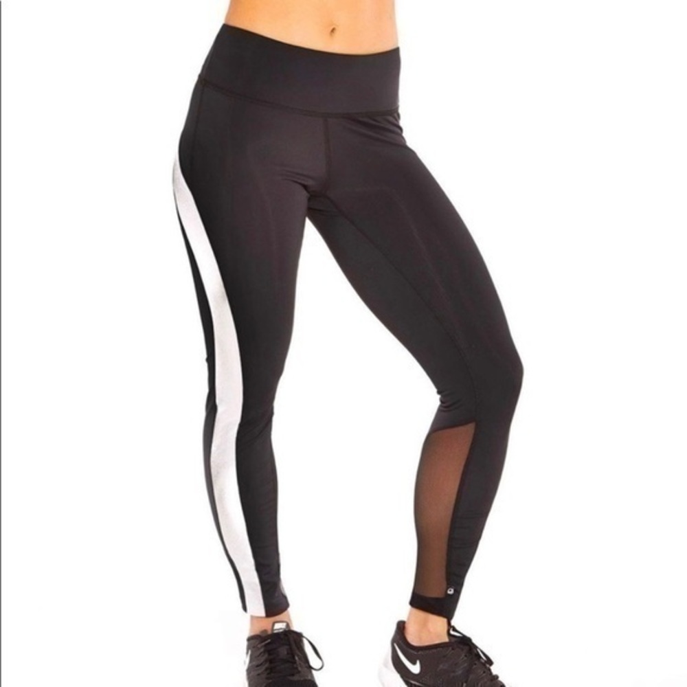 Terez Silver Racer Metallic Athletic Leggings with Mesh Detailing